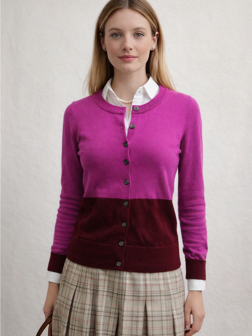 J. Crew Two-Tone Button-Front Cardigan Fuchsia S Wool Burgundy Preppy Luxury